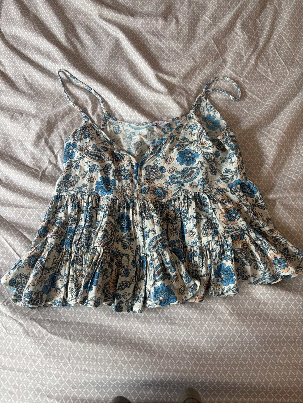 Patrons of Peace Blue Floral Paisley Ruffle Tank Top